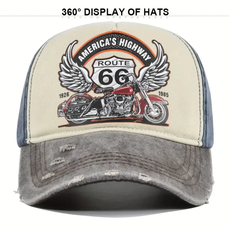 ROUTE66 Vintage Print Men's Cap – Washed Duckbill Hat - H7450