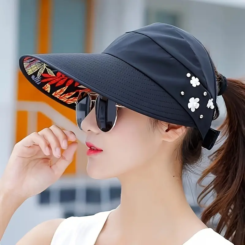 Beaded Black Flower Visor - H2032