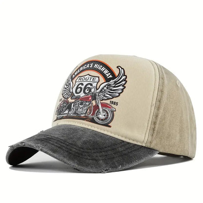 ROUTE66 Vintage Print Men's Cap – Washed Duckbill Hat - H7450