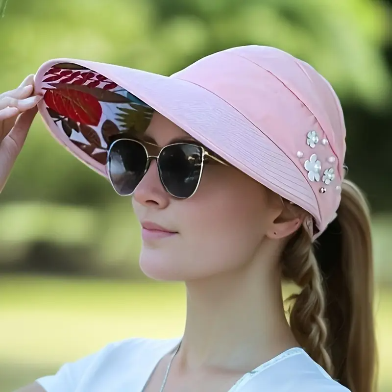 Beaded Pink Flower Visor – Trendy, Foldable UV Sun Hat for Women - H2031