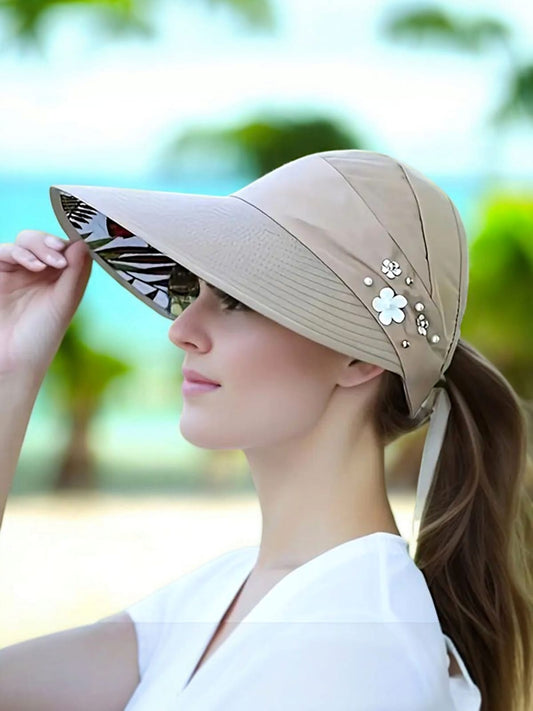 Beaded Beige Flower Visor Hat 
