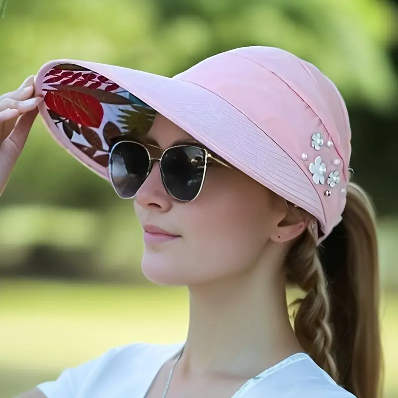 Beaded Pink Flower Visor Hat - H2031