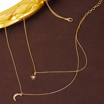 Gold Plated 2 Layer Star & Moon Layered Necklace – H5030