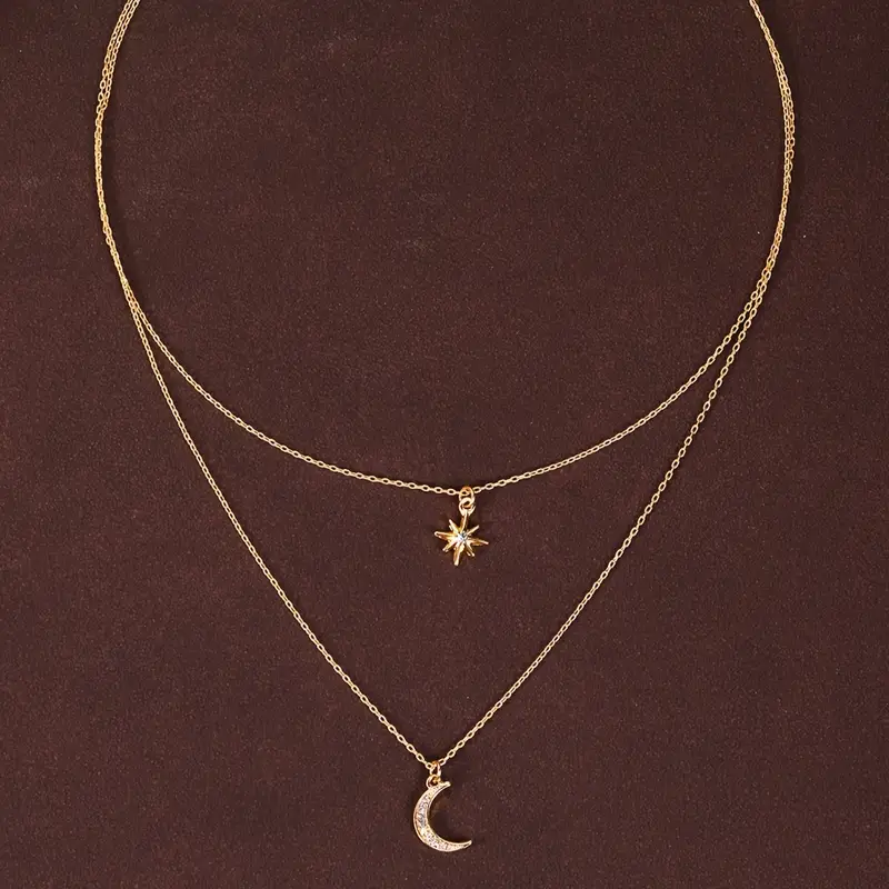Gold Plated 2 Layer Star & Moon Layered Necklace 