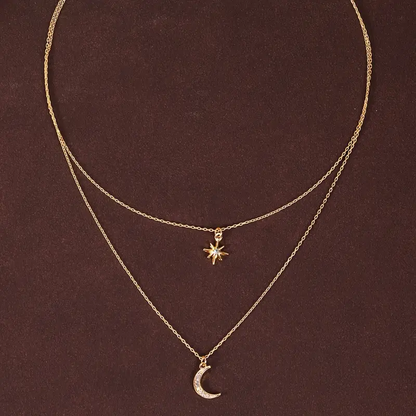 Gold Plated 2 Layer Star & Moon Layered Necklace 