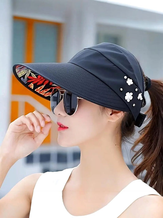 Beaded Black Flower Visor – Trendy, Foldable UV Sun Hat for Women - H2032