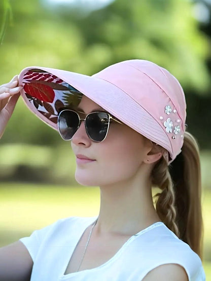 Beaded Pink Flower Visor – Trendy, Foldable UV Sun Hat for Women - H2031