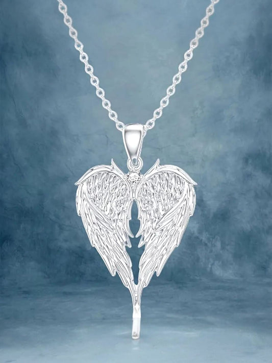 Angel Wing Heart Zirconia Necklace, White Gold Plated  – H5031