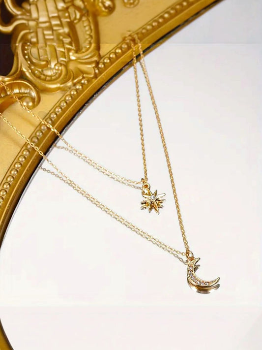 Gold Plated 2 Layer Star & Moon Layered Necklace for Women – H5030