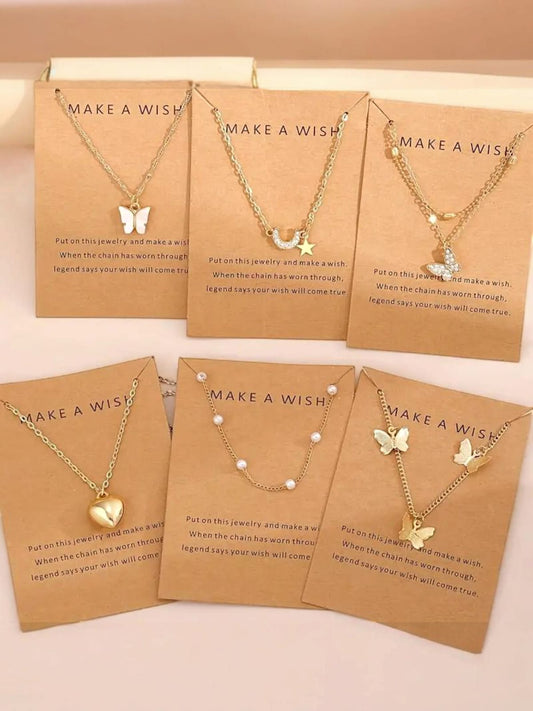6pcs Zinc Alloy Necklace Set with Heart, Butterfly, Tassel, Moon, Star & Pearl Charms with Blessing Card  – H5033
