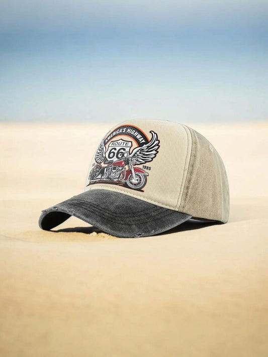 ROUTE66 Vintage Print Men's Cap – Washed Duckbill Hat - H7450