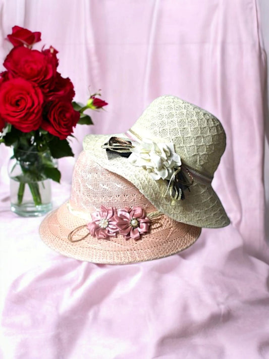 Premium Medium Women's Round Hat with Elegant Flower Ribbon - H1023